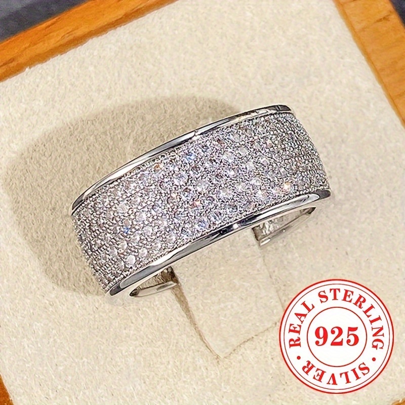 Women's Wide Band S925 Sterling Silver Zirconia Wedding Ring
